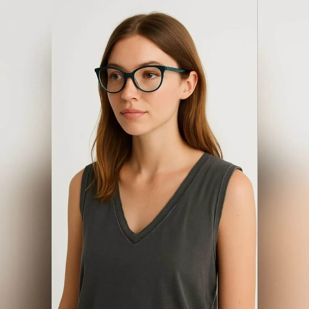 Teal Cateye Eyeglasses Frames Leafy Green Pattern Arms Feminine Retro Chic Polyg
